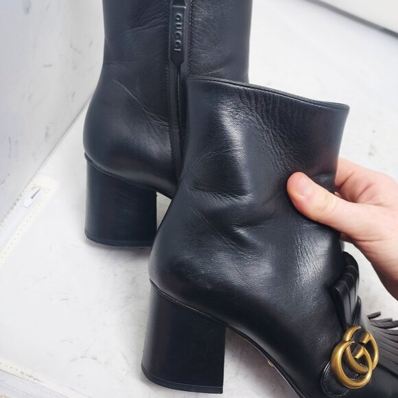 GUCCI Leather Black Malaga Kid GG Marmont Fringe Ankle Boot - Picture 15 of 15